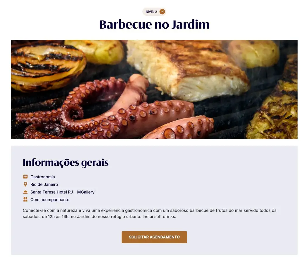Página do ALL Signature com a experiência nível 2 Barbecue no Jardim, no Santa Teresa Hotel RJ MGallery, servida aos sábados das 12h às 16h