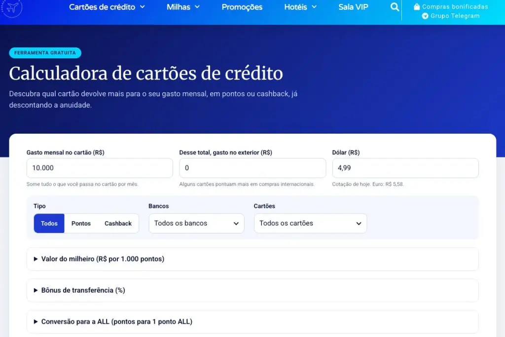 Calculadora de cartões do Passageiro Elite com os campos de gasto mensal, gasto no exterior e dólar, os filtros de tipo, bancos e cartões e os painéis de valor do milheiro, bônus de transferência e conversão para a ALL