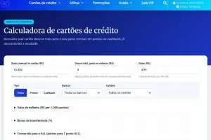 Calculadora de cartões do Passageiro Elite com os campos de gasto mensal, gasto no exterior e dólar, os filtros de tipo, bancos e cartões e os painéis de valor do milheiro, bônus de transferência e conversão para a ALL