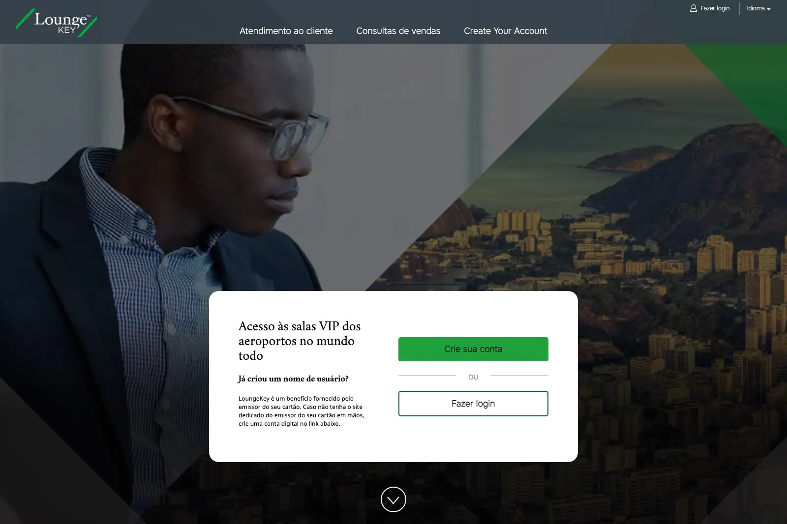 Página inicial do LoungeKey em português, com o aviso de que o LoungeKey é um benefício fornecido pelo emissor do cartão e os botões de criar conta e fazer login