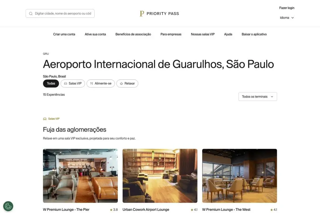 Página do Priority Pass com as 15 experiências do Aeroporto de Guarulhos, incluindo W Premium Lounge The Pier, Urban Cowork e The West