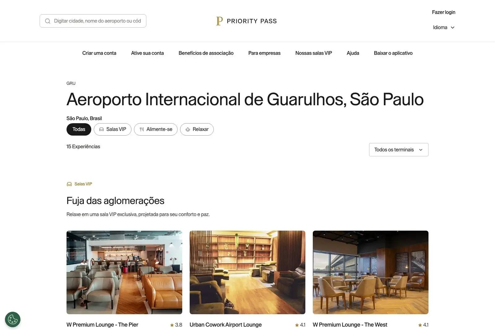 Página do Priority Pass com as 15 experiências do Aeroporto de Guarulhos, incluindo W Premium Lounge The Pier, Urban Cowork e The West