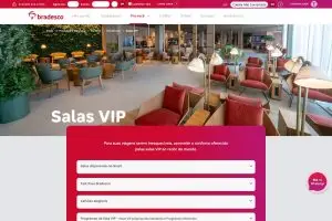 Página de salas VIP do Bradesco com foto do Bradesco Lounge e as seções Salas disponíveis no Brasil, Fast Pass Bradesco, Cartões elegíveis e Programas de Sala VIP