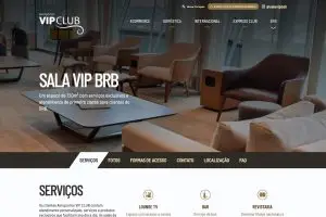 Página da Sala VIP BRB no site Aeroportos VIP Club, descrita como um espaço de 720 m² para clientes do BRB, com as abas Serviços, Fotos e Formas de acesso