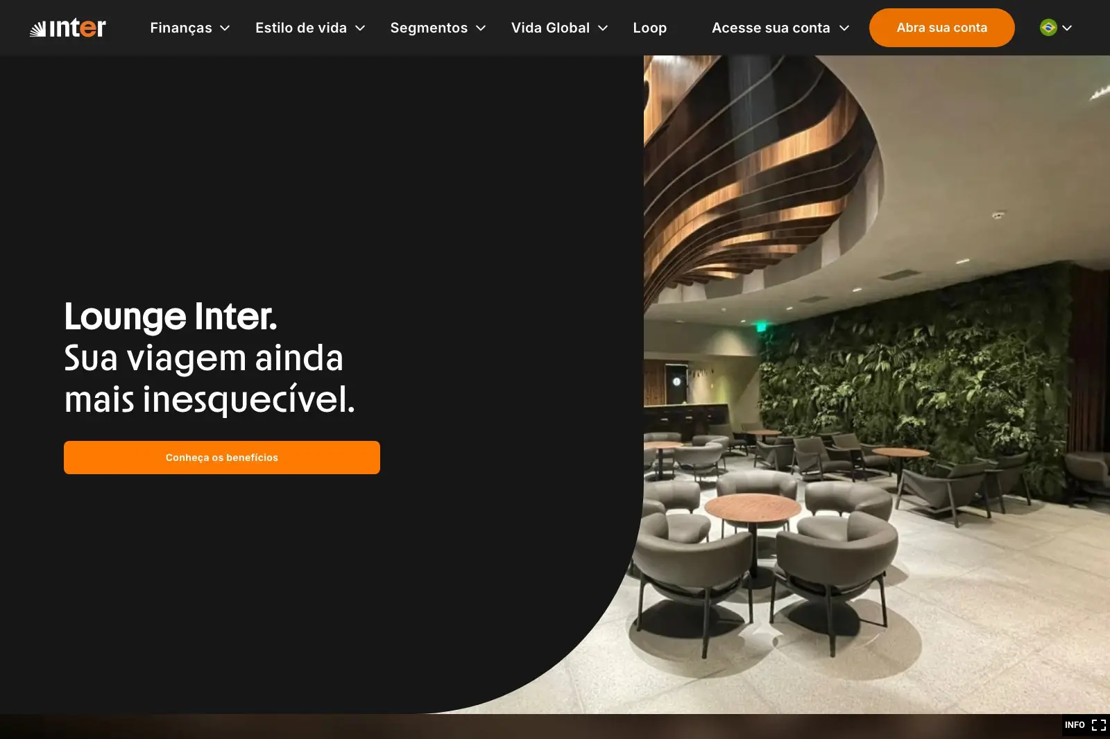 Página do Lounge Inter no site do banco, com foto da sala VIP e o botão Conheça os benefícios