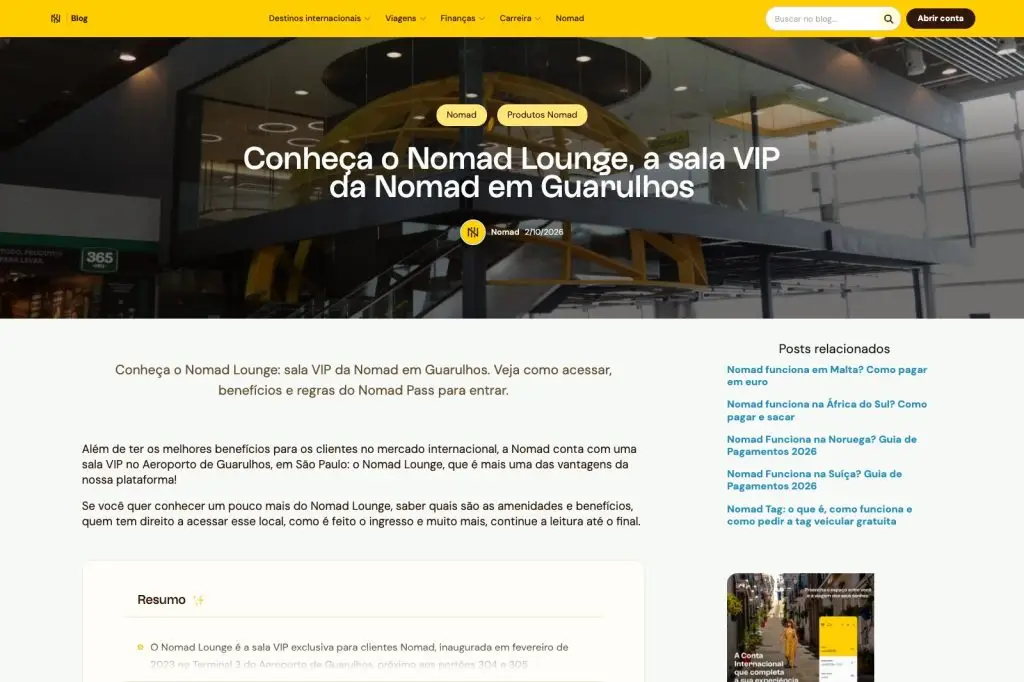 Post do blog da Nomad sobre o Nomad Lounge em Guarulhos, com foto da fachada da sala no mezanino e o resumo de que ela fica perto dos portões 304 e 305
