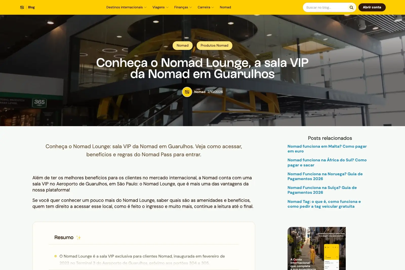 Post do blog da Nomad sobre o Nomad Lounge em Guarulhos, com foto da fachada da sala no mezanino e o resumo de que ela fica perto dos portões 304 e 305