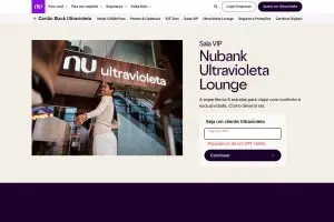 Página do Nubank sobre o Ultravioleta Lounge, com foto da entrada da sala VIP e o formulário para ser cliente Ultravioleta
