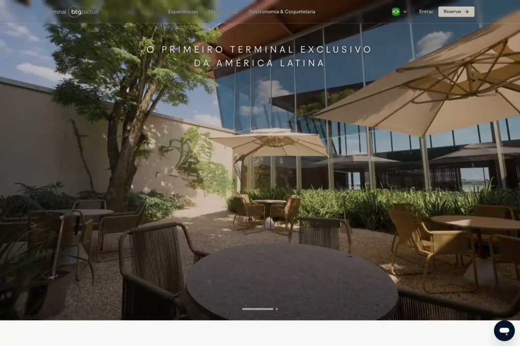 Site do Terminal BTG Pactual com a chamada O primeiro terminal exclusivo da América Latina e foto do jardim externo