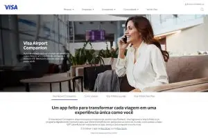 Página oficial do Visa Airport Companion na Visa do Brasil, com as abas Como acessar, Visa Infinite Lounge e Visa Infinite Fast Pass e a nota de que as salas VIP são só para Visa Infinite